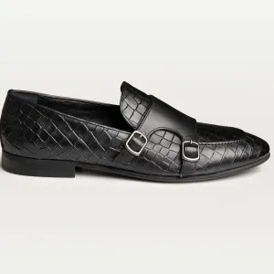 Croc-embossed Double Monk Strap Shoes Black