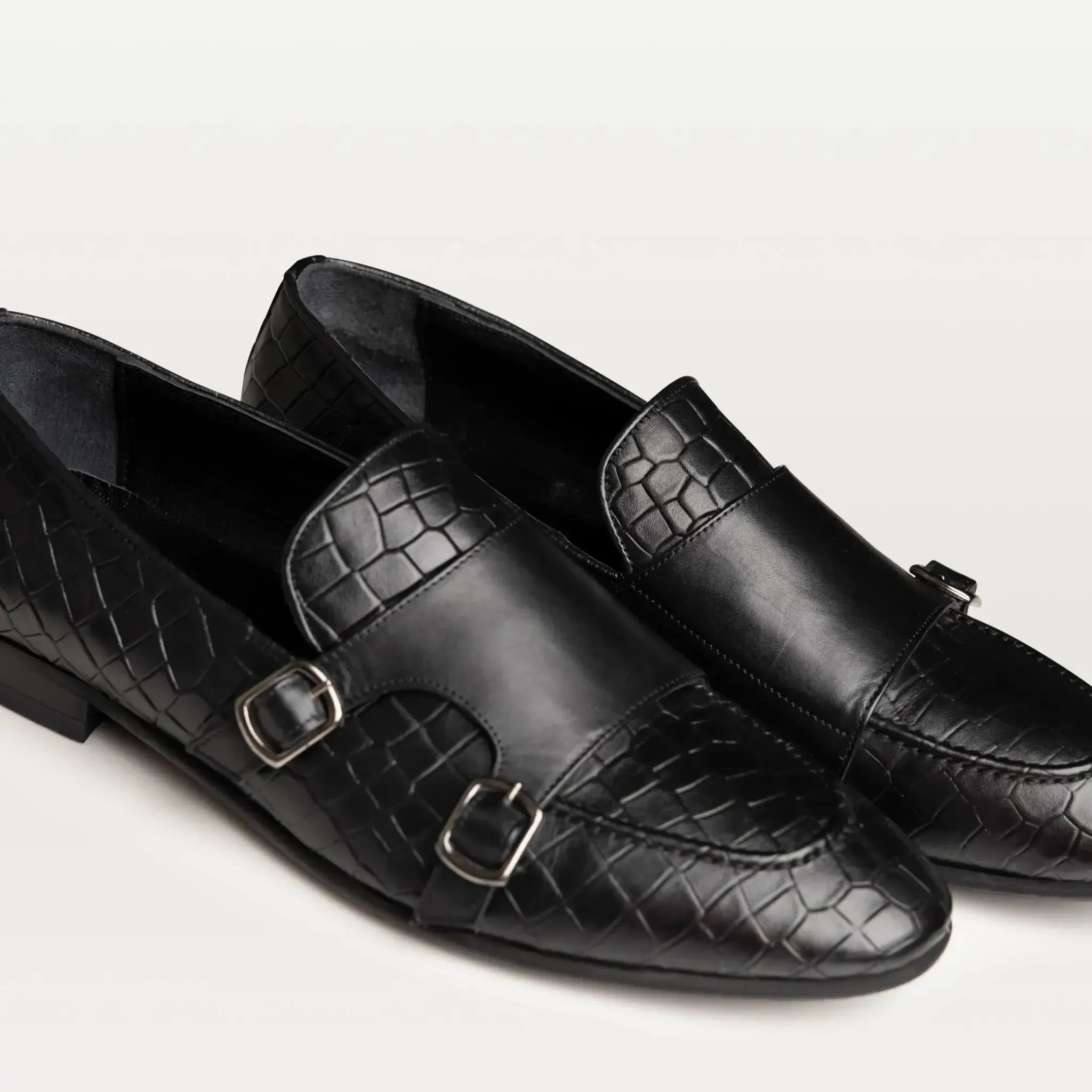Croc-embossed Double Monk Strap Shoes Black