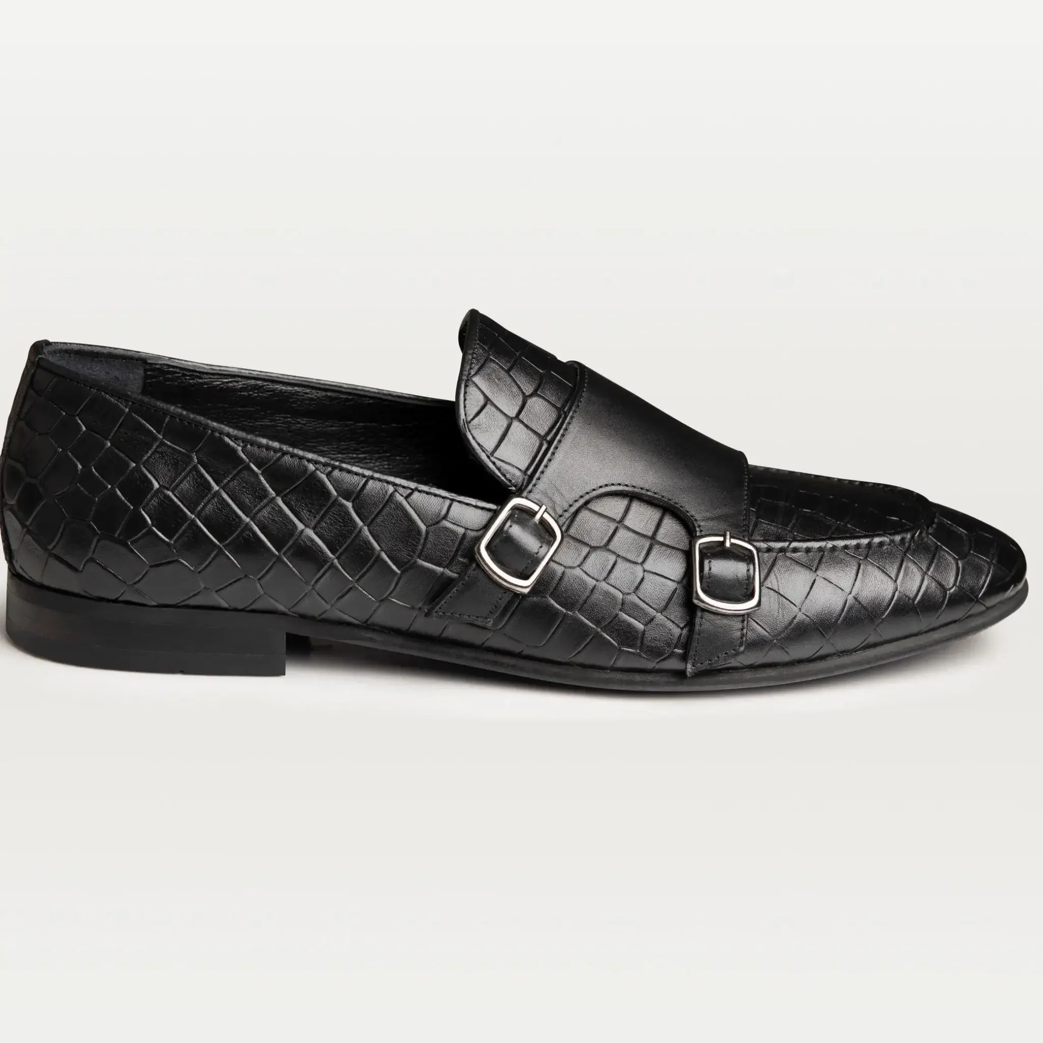 Croc-embossed Double Monk Strap Shoes Black