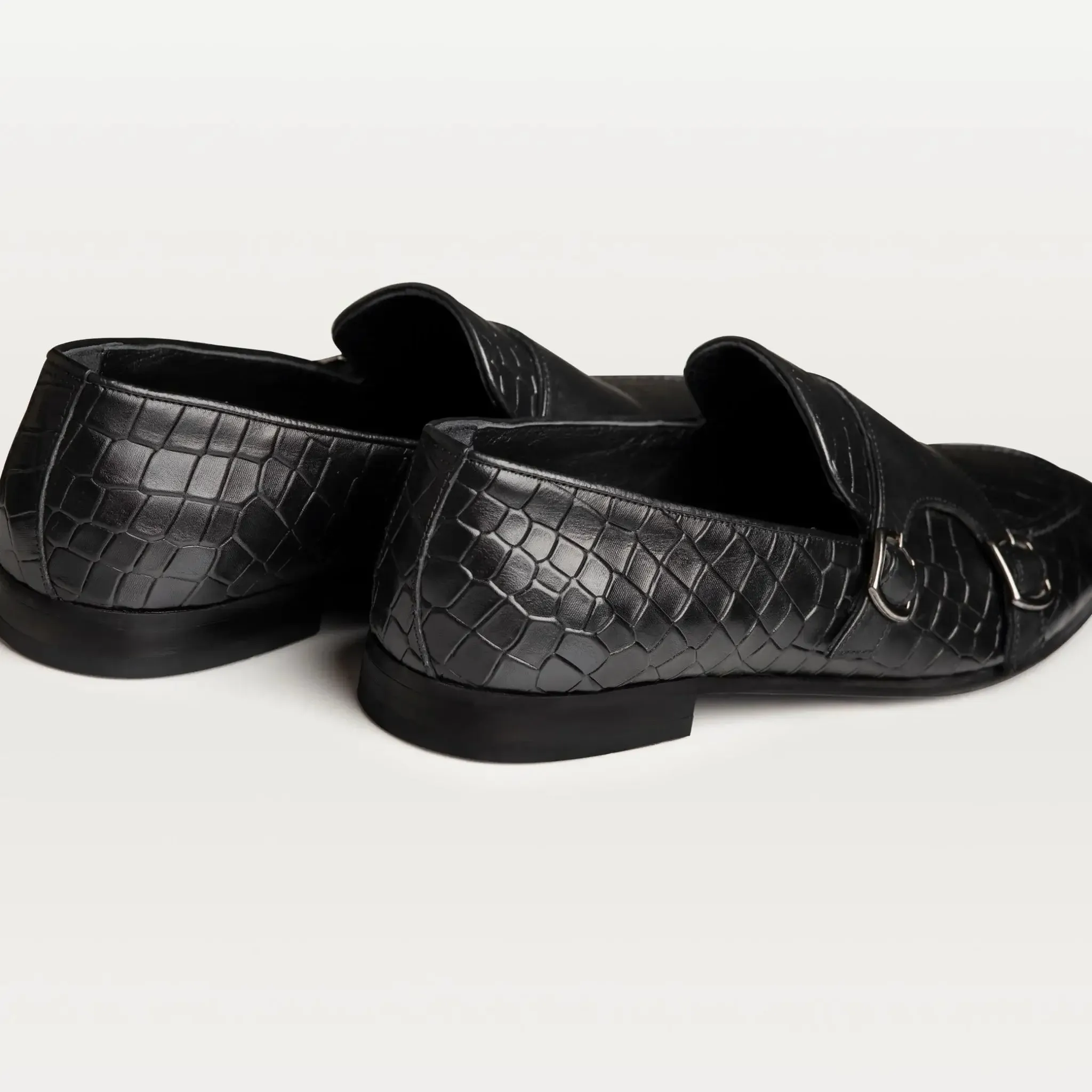 Croc-embossed Double Monk Strap Shoes Black