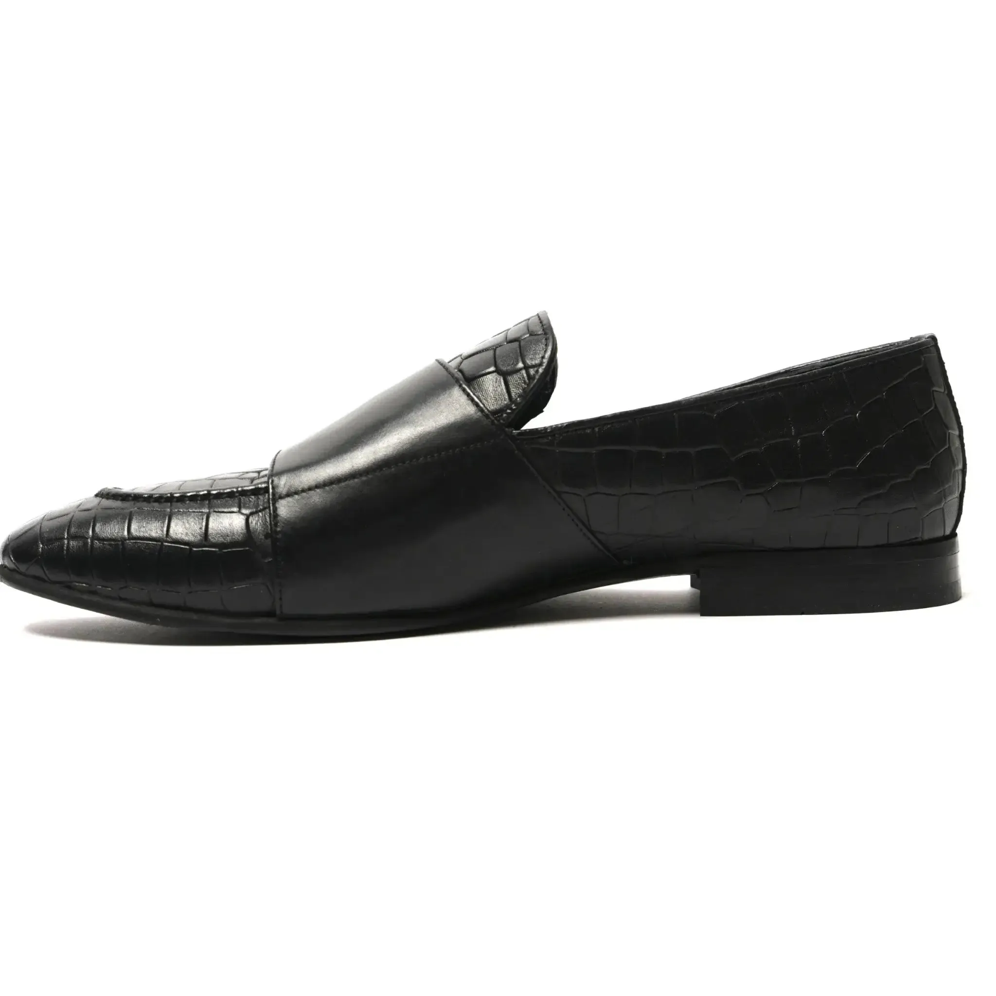 Croc-embossed Double Monk Strap Shoes Black