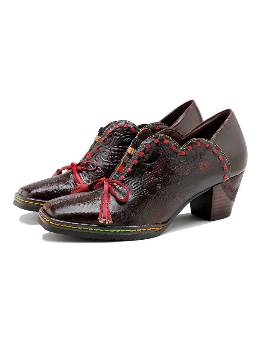 Curve Ankle Floral Embossed Genuine Leather Loafers