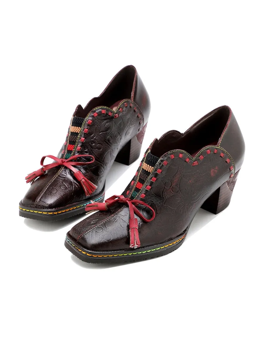 Curve Ankle Floral Embossed Genuine Leather Loafers
