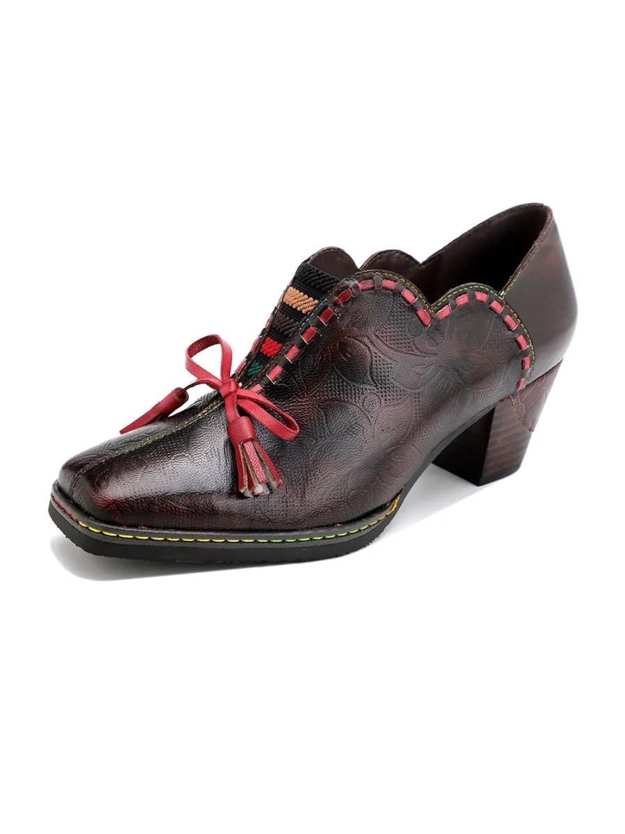 Curve Ankle Floral Embossed Genuine Leather Loafers