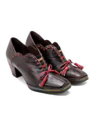 Curve Ankle Floral Embossed Genuine Leather Loafers