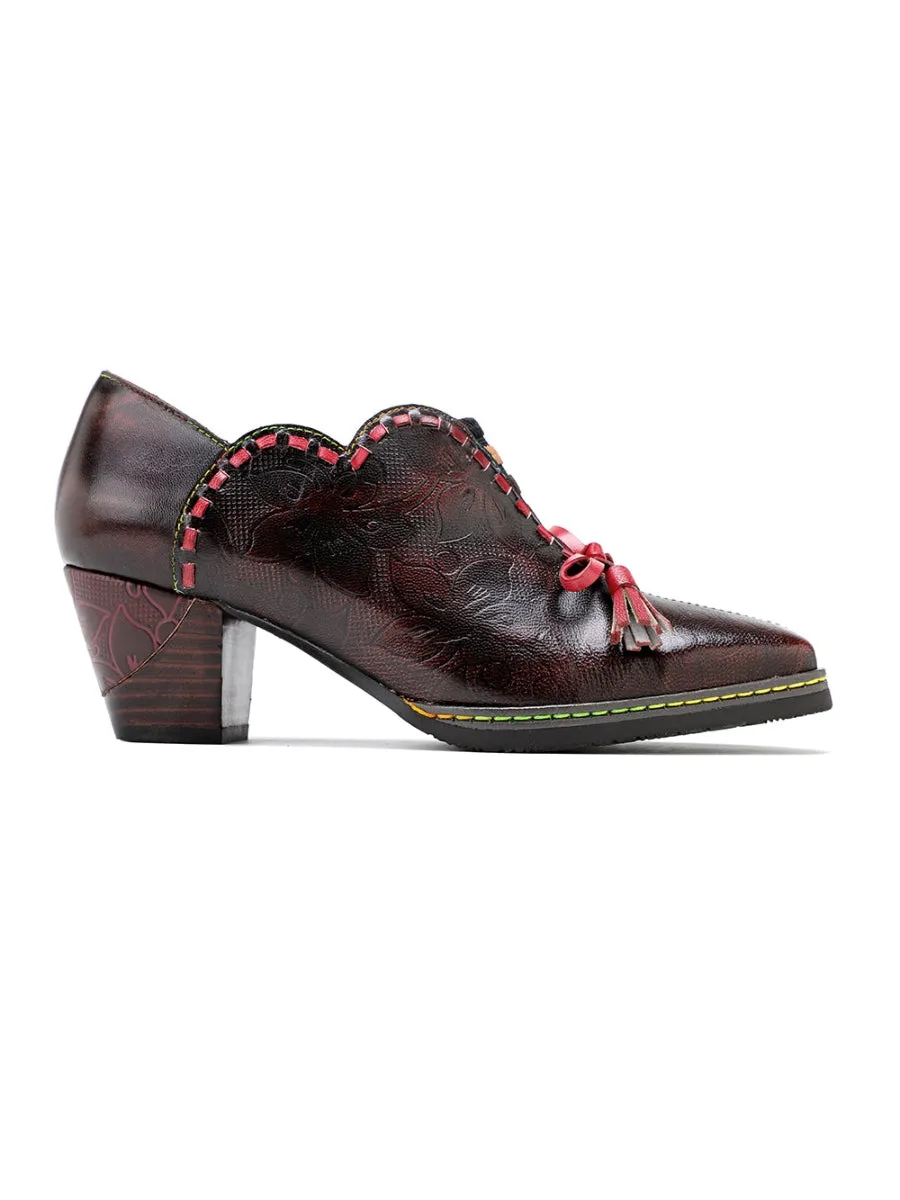 Curve Ankle Floral Embossed Genuine Leather Loafers