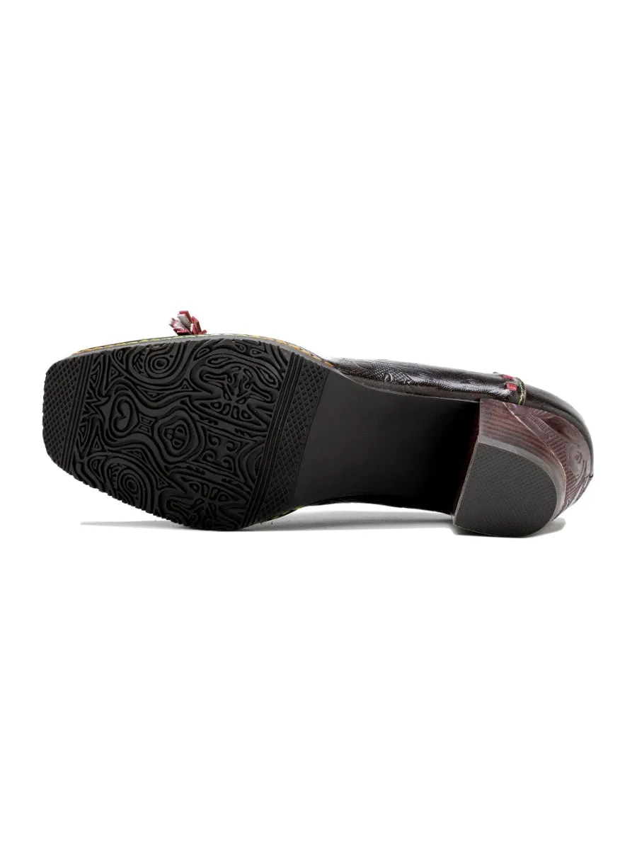 Curve Ankle Floral Embossed Genuine Leather Loafers