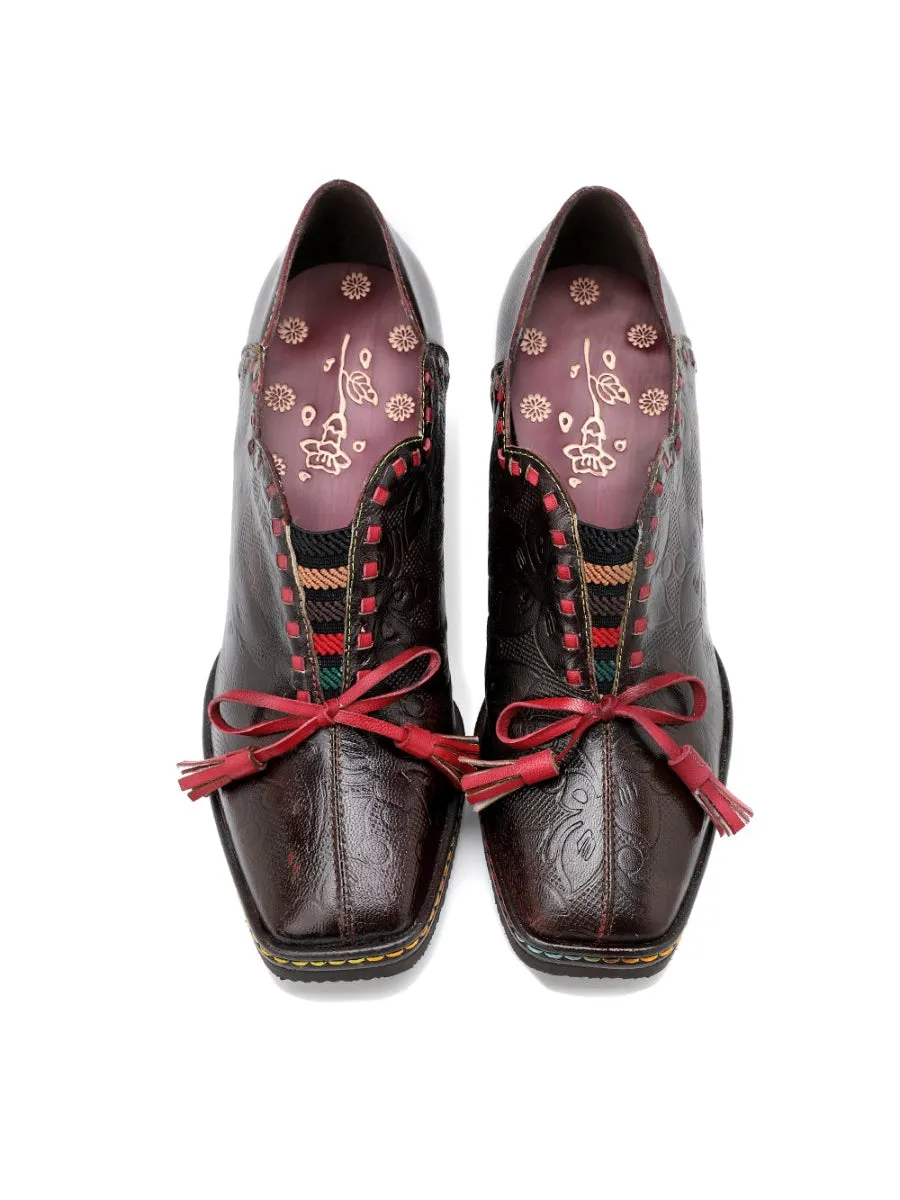 Curve Ankle Floral Embossed Genuine Leather Loafers