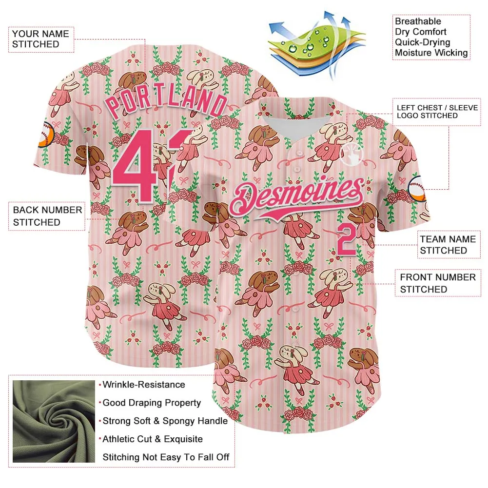 Custom Light Pink Neon Pink-White 3D Emi Bee Ballet Bunnies Authentic Baseball Jersey