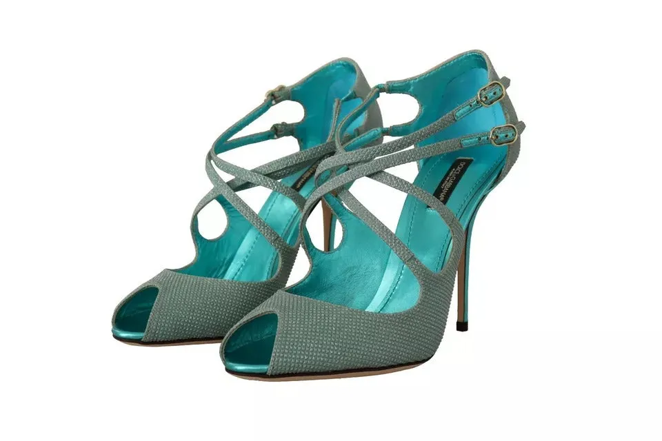 Dolce&Gabbana Women Blue Sandals Leather Peep Toe Strappy High Heel Shoes EUR 39