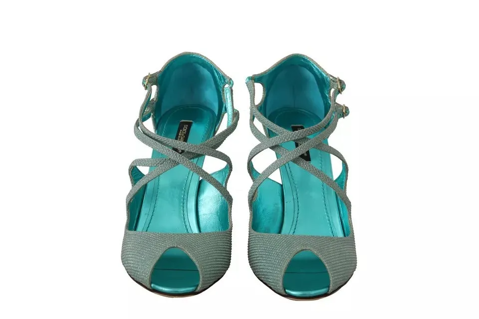 Dolce&Gabbana Women Blue Sandals Leather Peep Toe Strappy High Heel Shoes EUR 39
