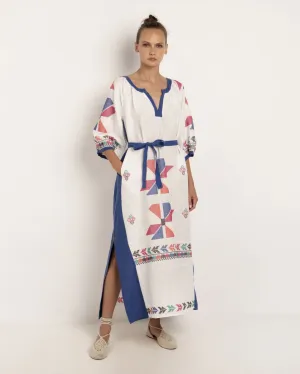 DRESS LONG AEOLIS BELT L/S - WHITE MULTI BLUE