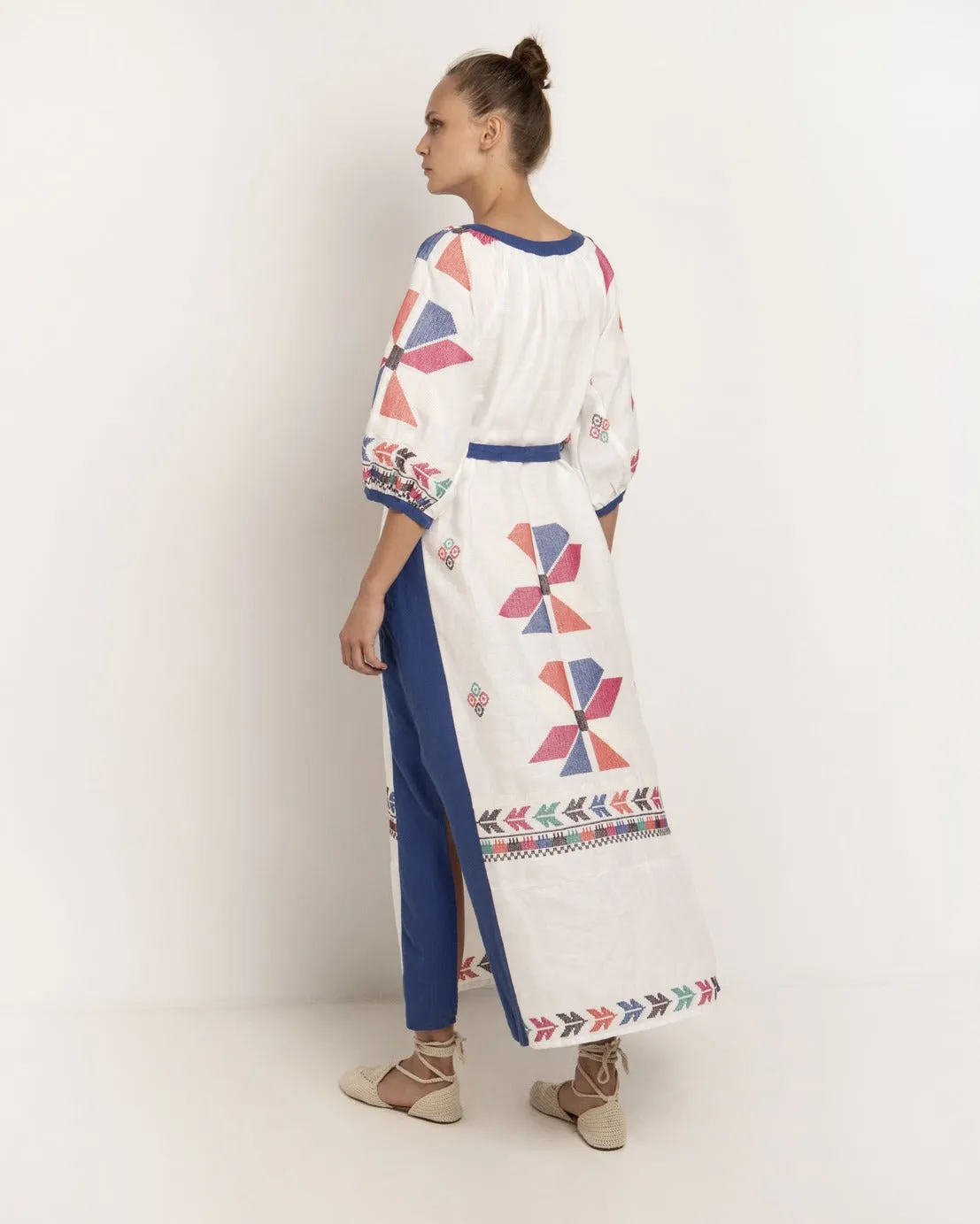 DRESS LONG AEOLIS BELT L/S - WHITE MULTI BLUE