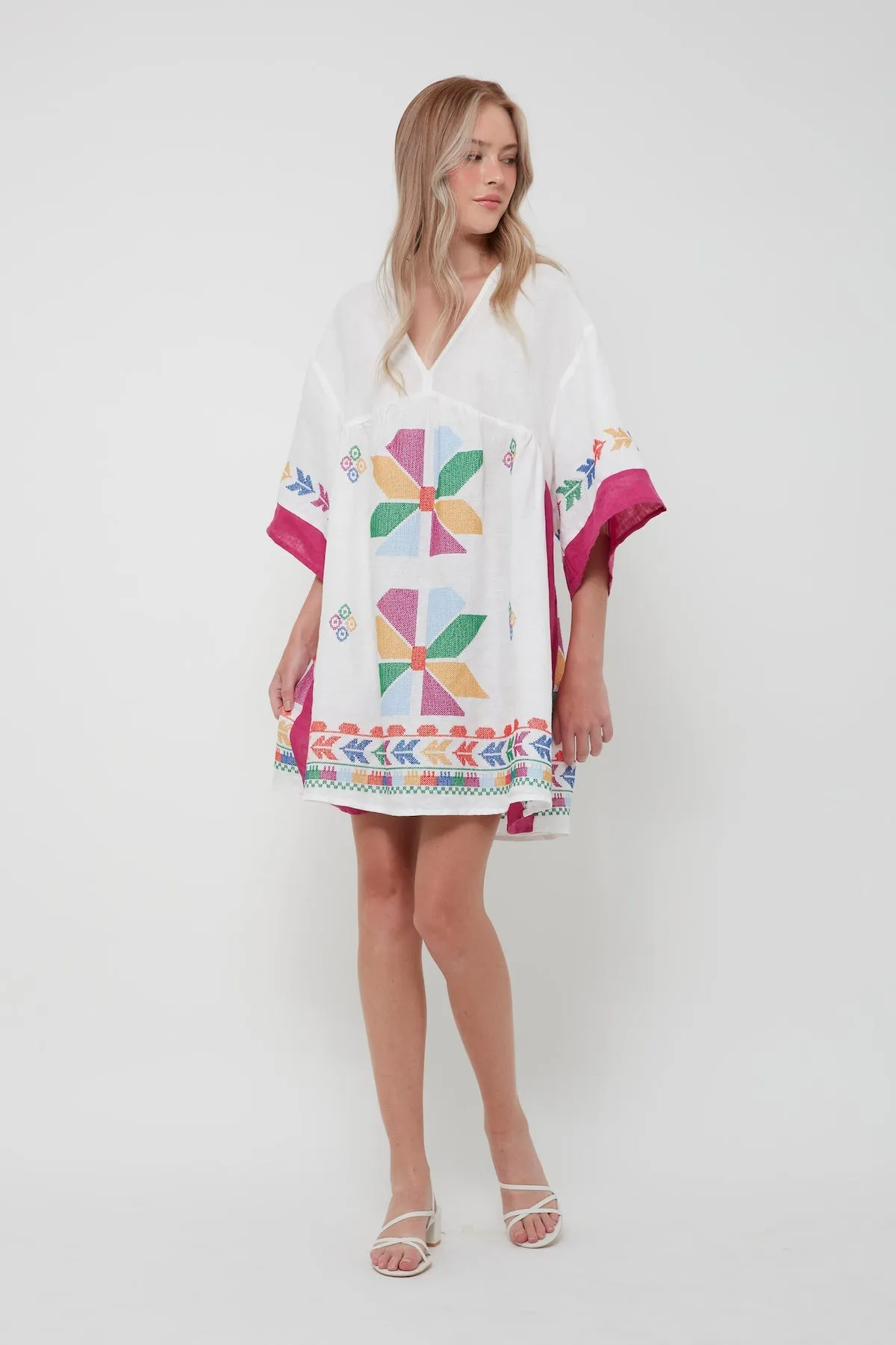 DRESS SHORT AEOLIS COLOR-BLOCK - WHITE MARGENTA/MULTI GREEN