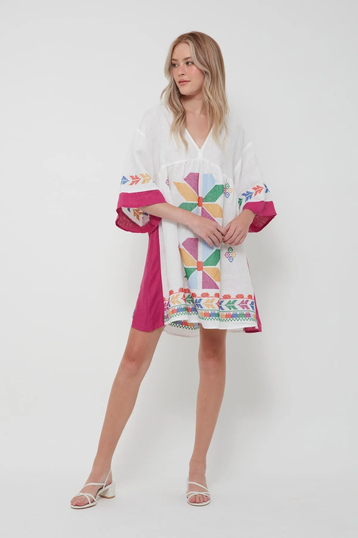 DRESS SHORT AEOLIS COLOR-BLOCK - WHITE MARGENTA/MULTI GREEN