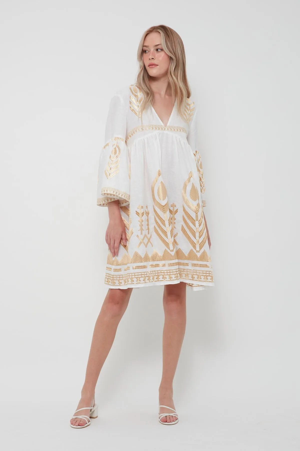 DRESS SHORT FEATHER BELL SLEEVE - WHITE/GOLD