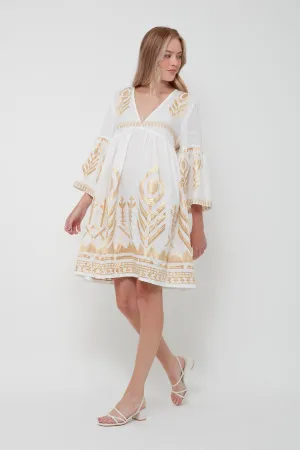 DRESS SHORT FEATHER BELL SLEEVE - WHITE/GOLD