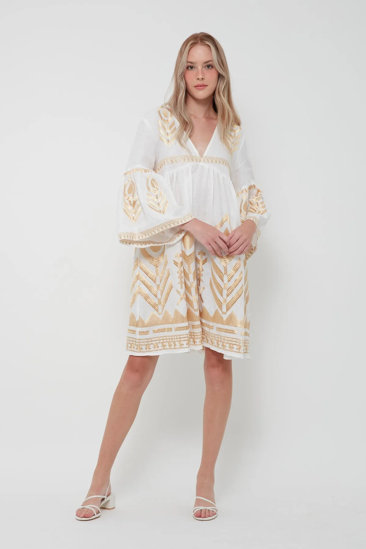 DRESS SHORT FEATHER BELL SLEEVE - WHITE/GOLD