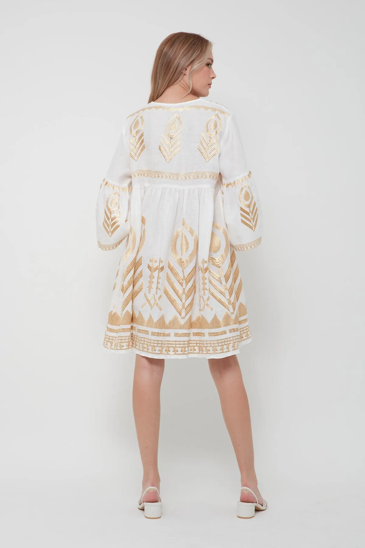 DRESS SHORT FEATHER BELL SLEEVE - WHITE/GOLD