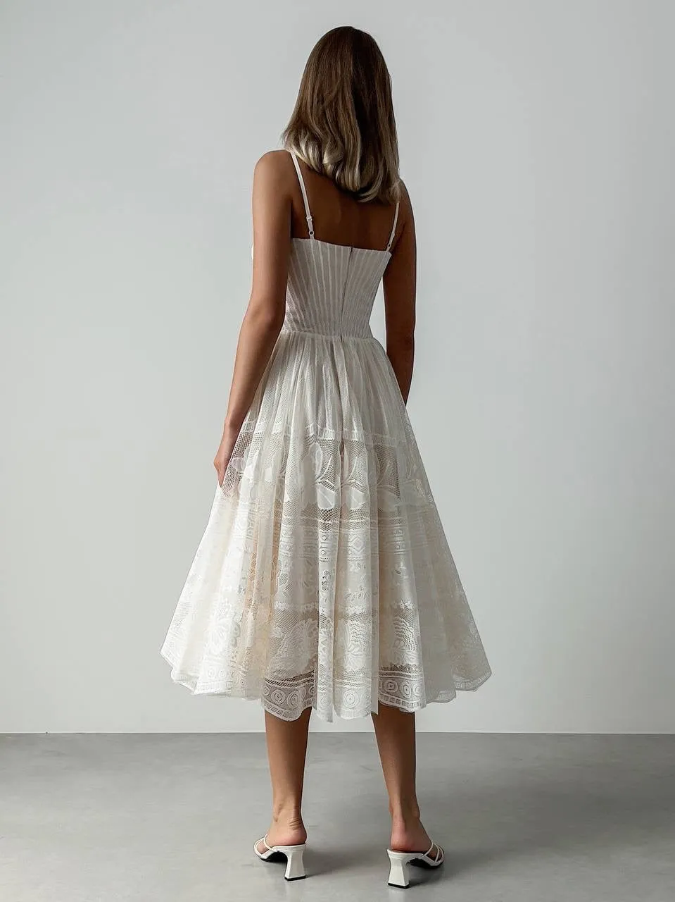 Elegant Lace Midi Dress with Spaghetti Straps