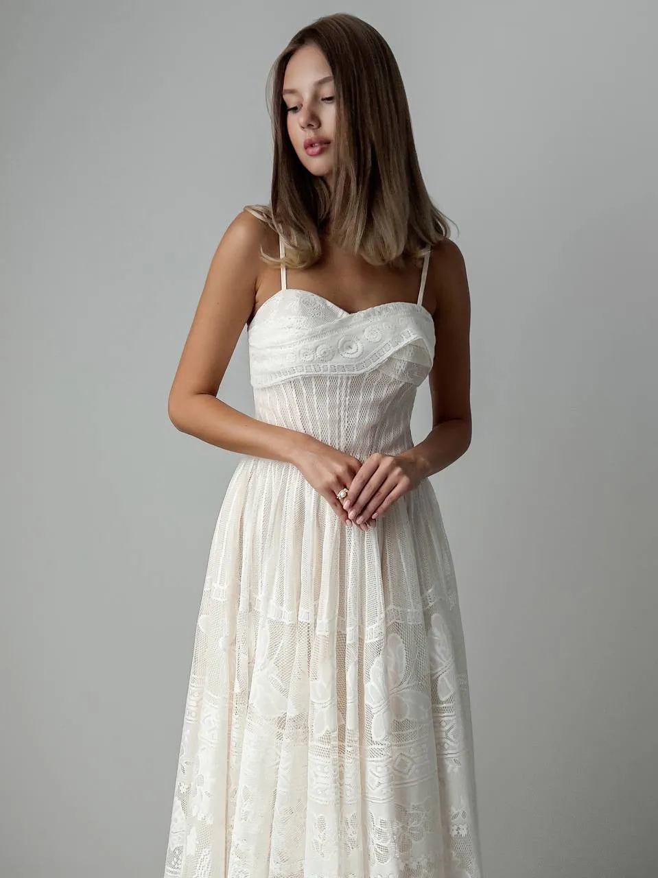 Elegant Lace Midi Dress with Spaghetti Straps