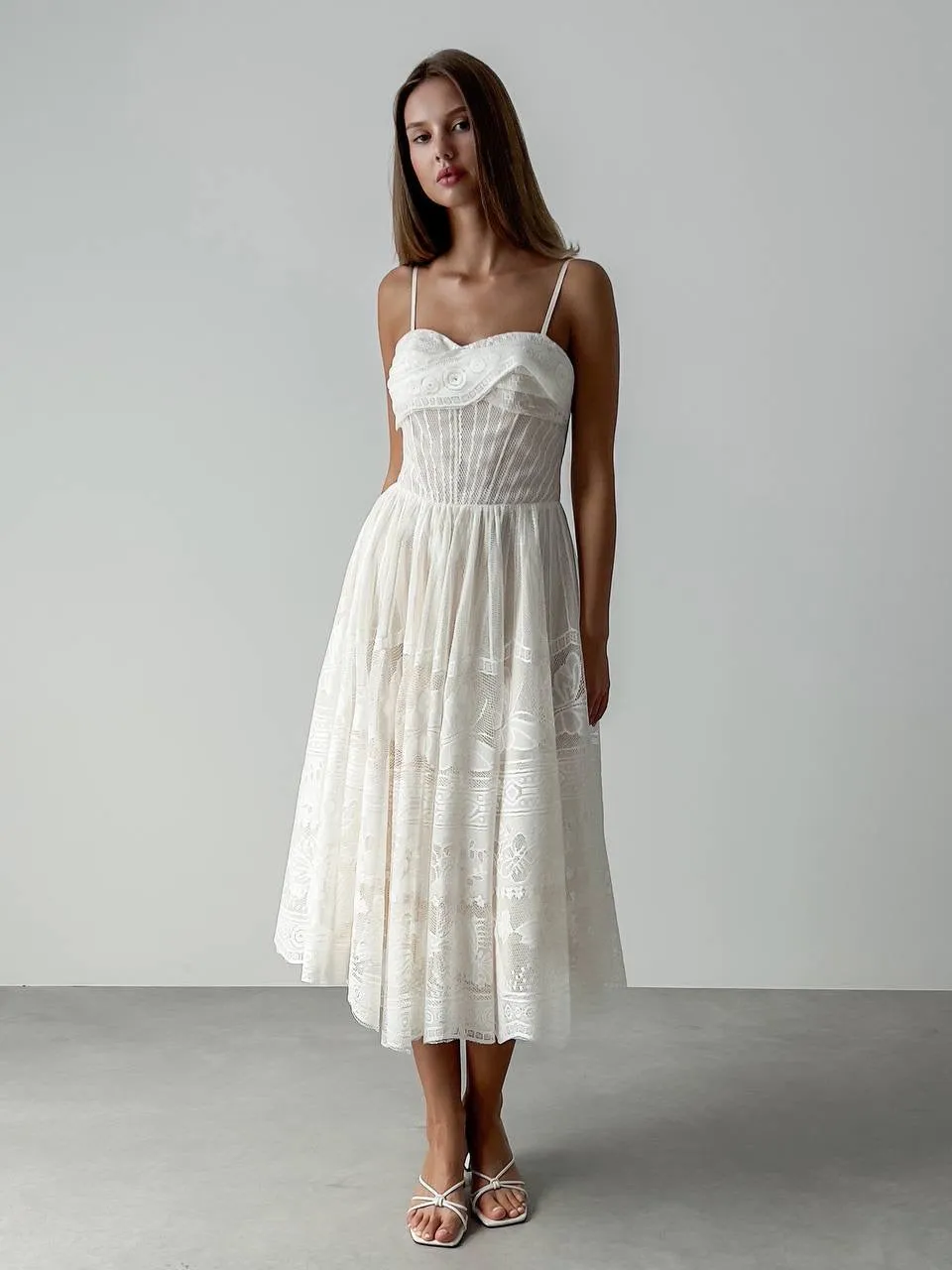 Elegant Lace Midi Dress with Spaghetti Straps