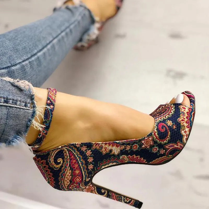Ethnic Print Peep Toe Ankle Strap Thin Heeled Sandals