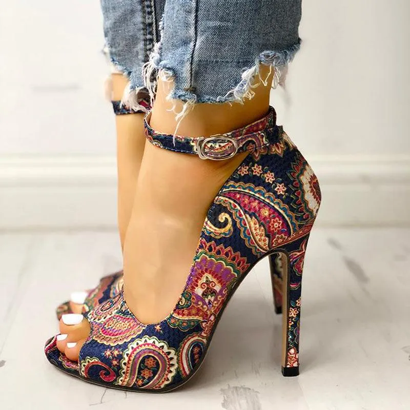 Ethnic Print Peep Toe Ankle Strap Thin Heeled Sandals
