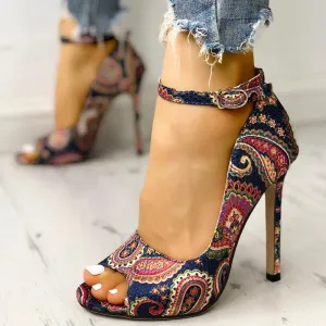 Ethnic Print Peep Toe Ankle Strap Thin Heeled Sandals