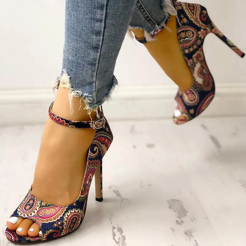 Ethnic Print Peep Toe Ankle Strap Thin Heeled Sandals
