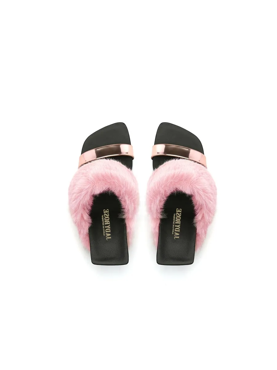 Faux Fur Strap Leather Wedge Sandal - Baby Pink