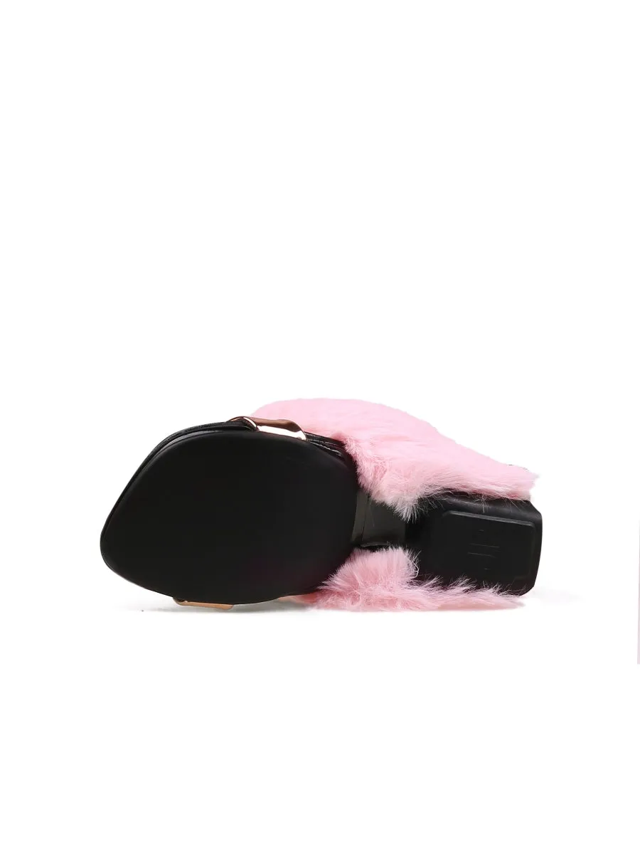 Faux Fur Strap Leather Wedge Sandal - Baby Pink