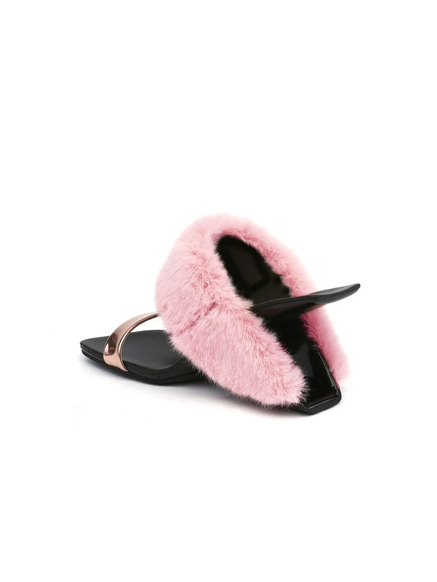 Faux Fur Strap Leather Wedge Sandal - Baby Pink