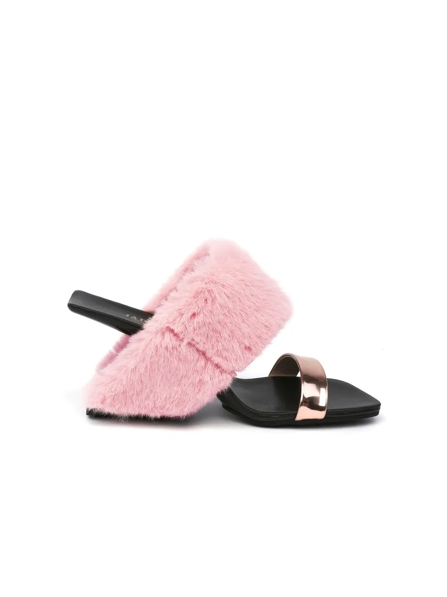 Faux Fur Strap Leather Wedge Sandal - Baby Pink