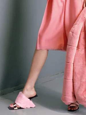Faux Fur Strap Leather Wedge Sandal - Baby Pink