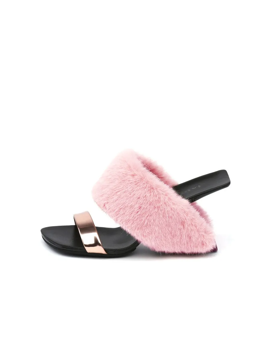 Faux Fur Strap Leather Wedge Sandal - Baby Pink