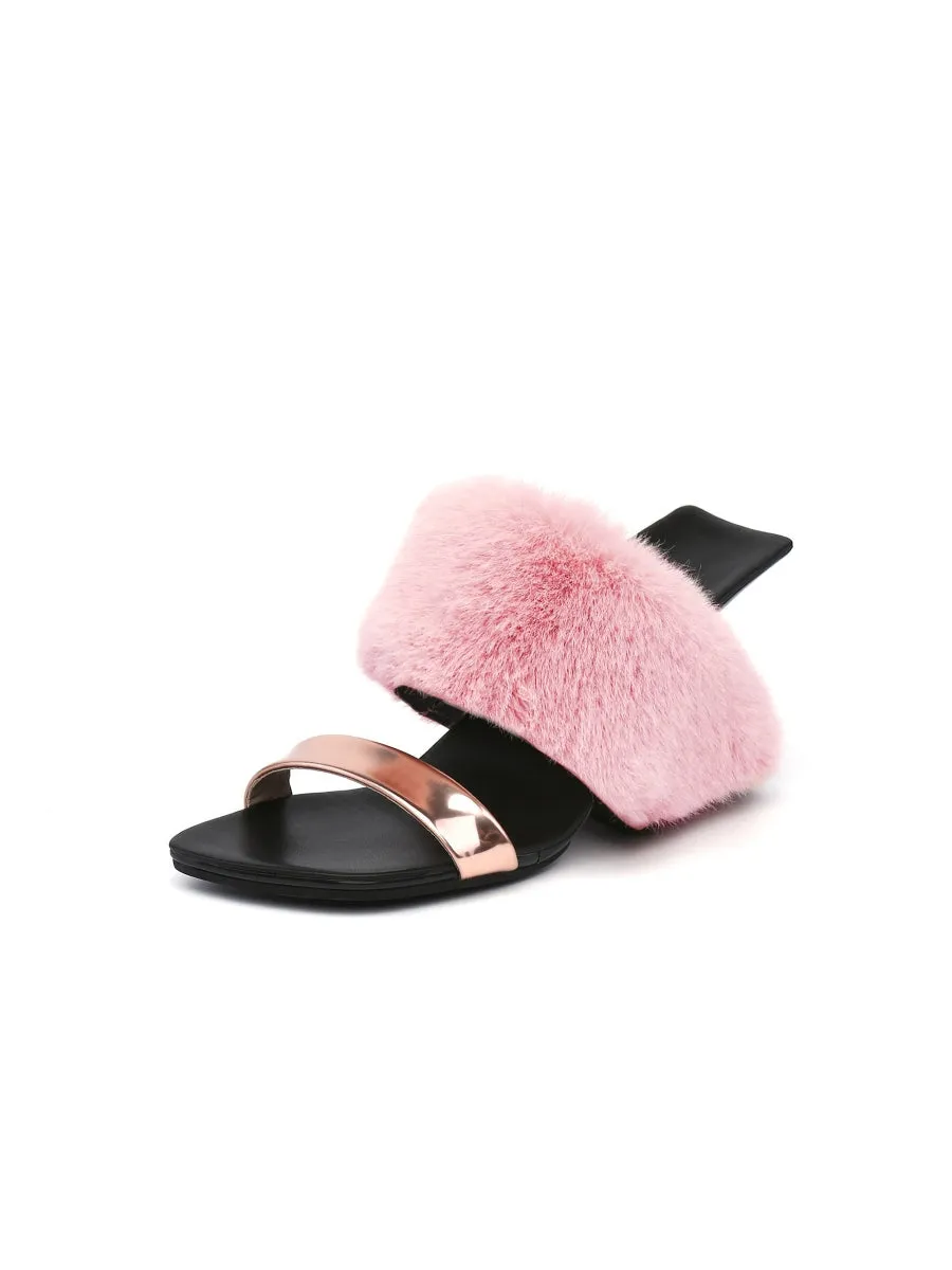 Faux Fur Strap Leather Wedge Sandal - Baby Pink