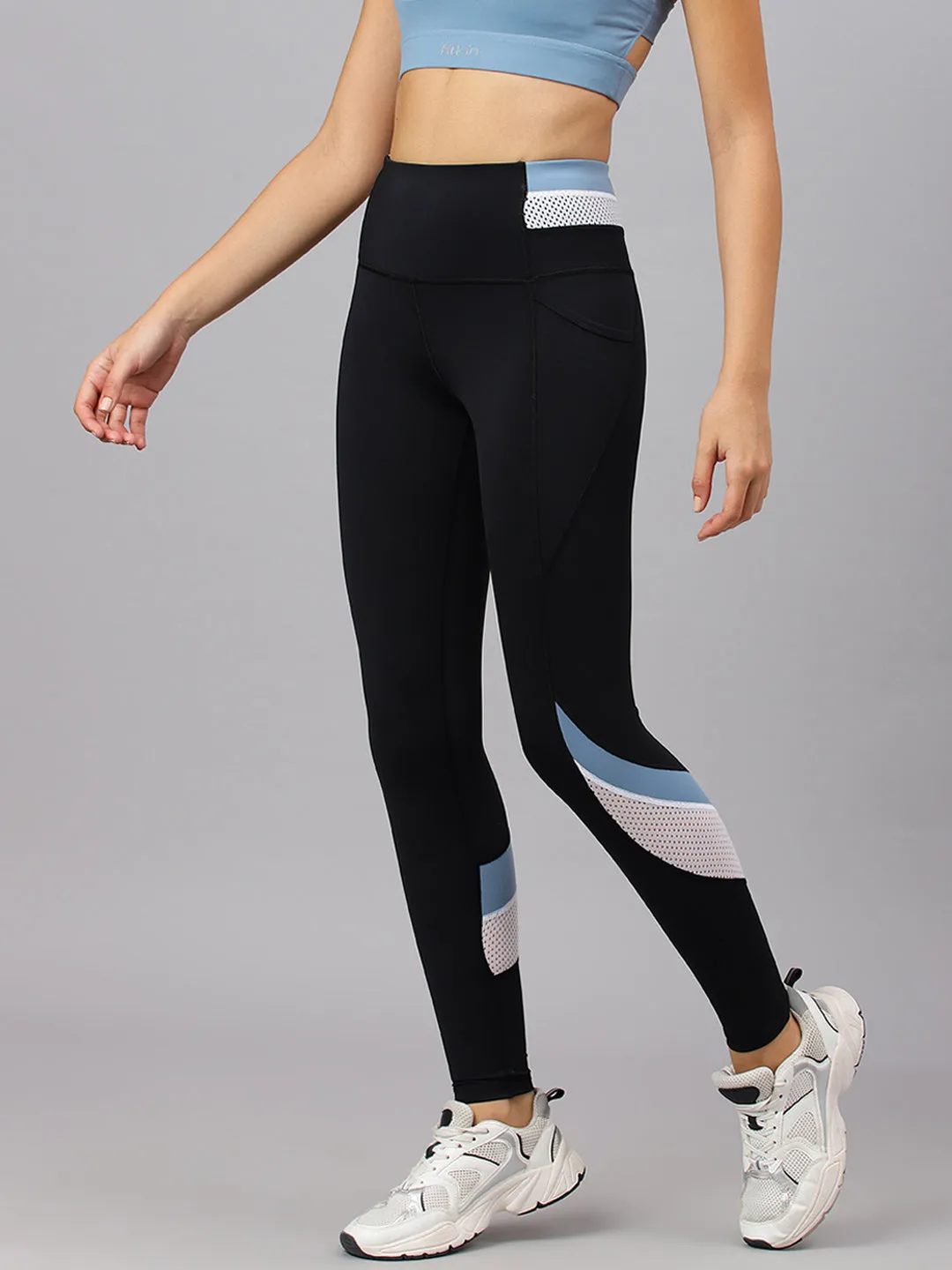 Fitkin Women's Black Colourblock High Waist Tights