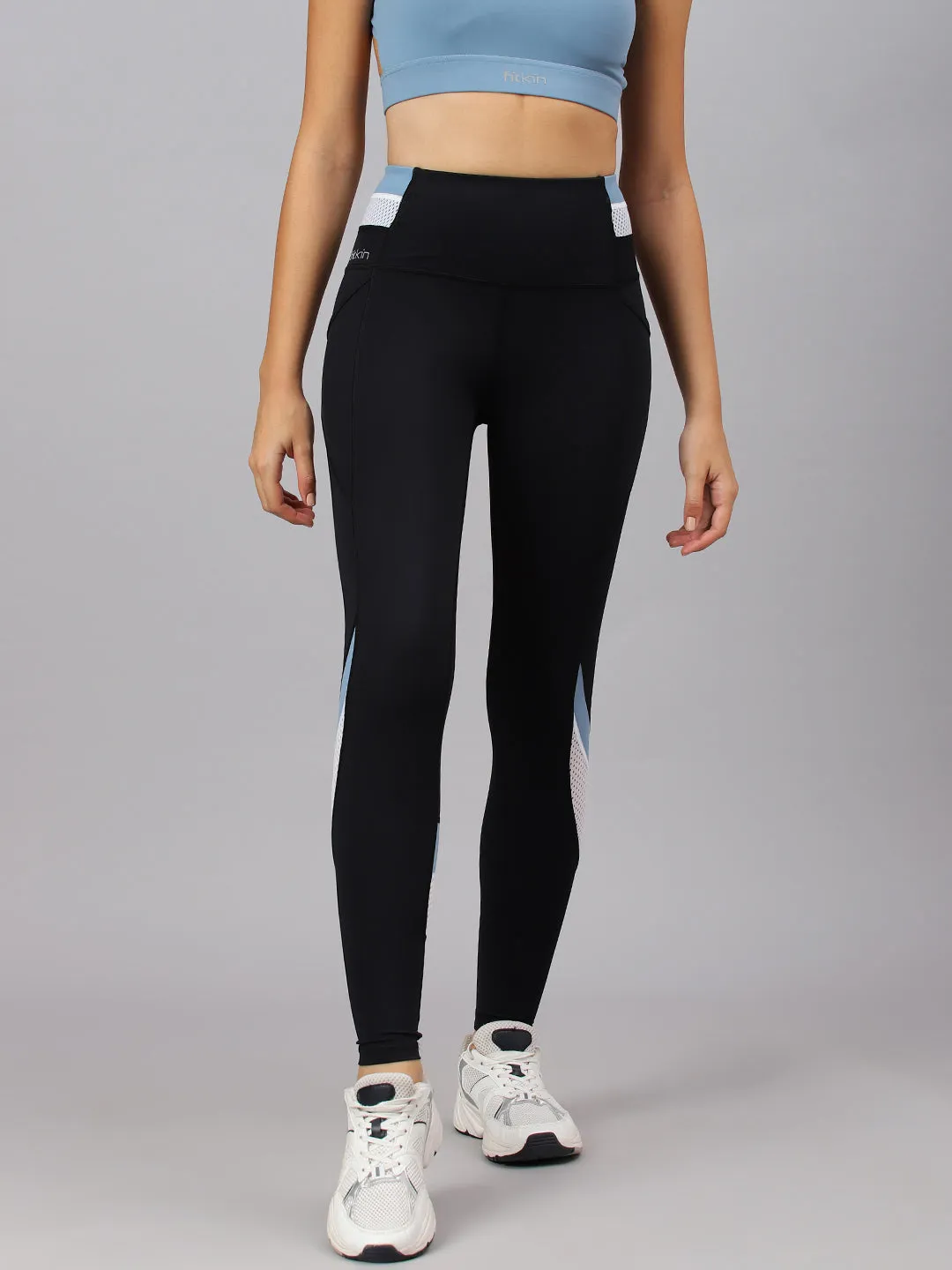Fitkin Women's Black Colourblock High Waist Tights