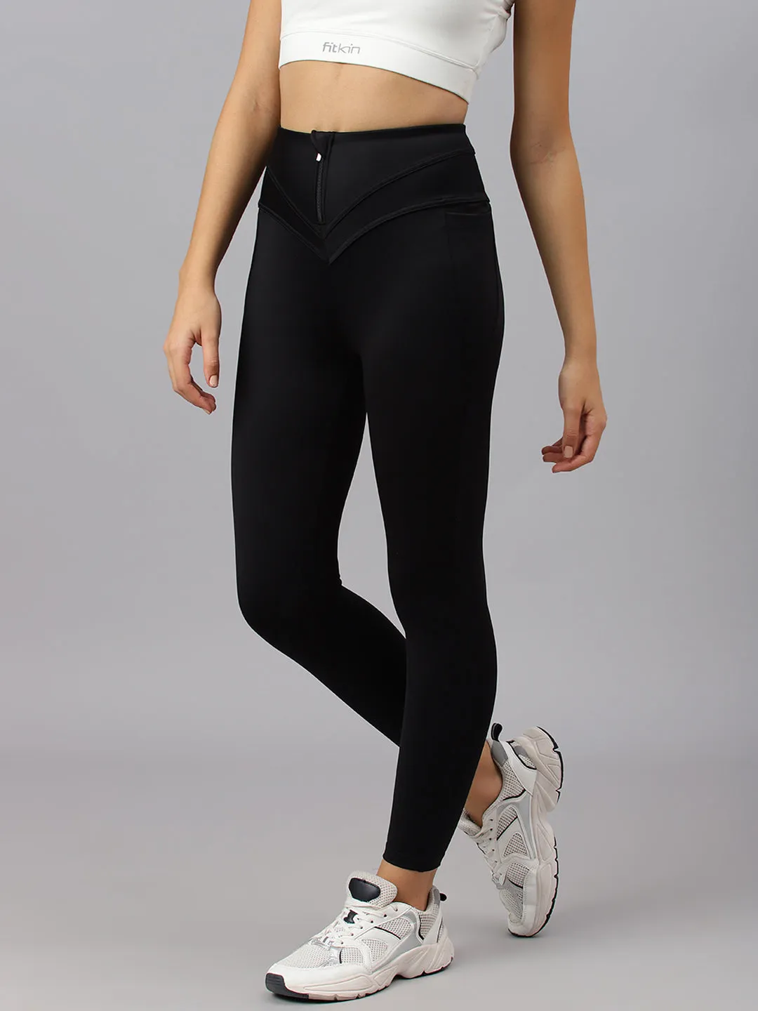 Fitkin Women's Black Front Zipper High Waist Tights