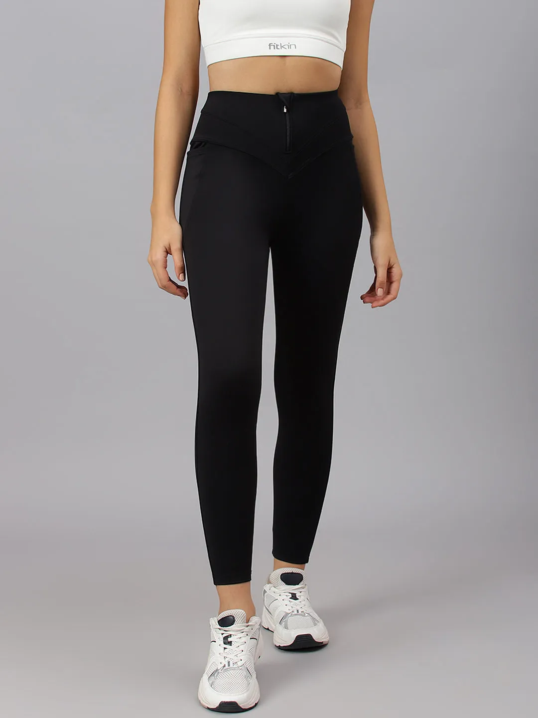 Fitkin Women's Black Front Zipper High Waist Tights