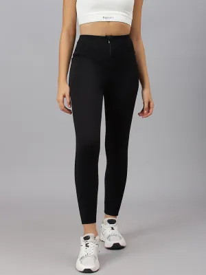 Fitkin Women's Black Front Zipper High Waist Tights