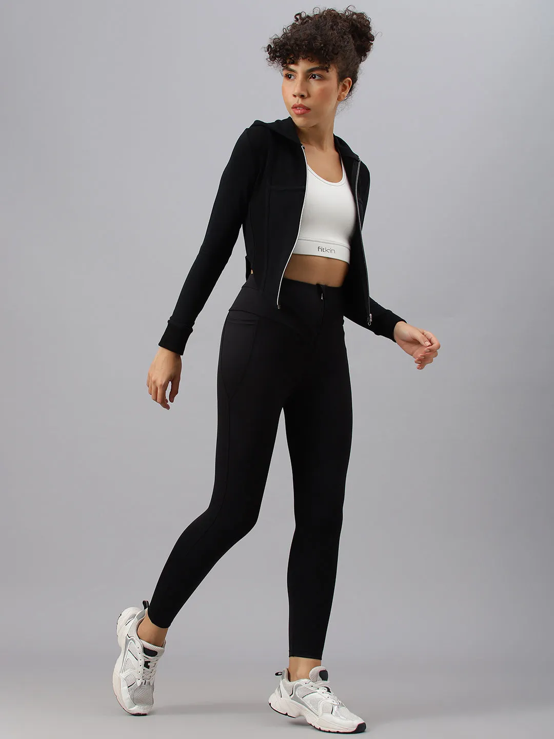 Fitkin Women's Black Front Zipper High Waist Tights