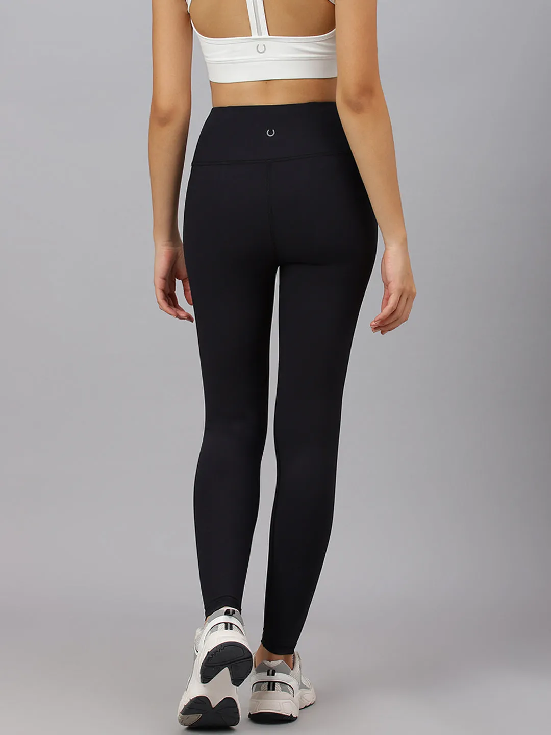 Fitkin Women's Black Rib High Waist Basic Core Tights