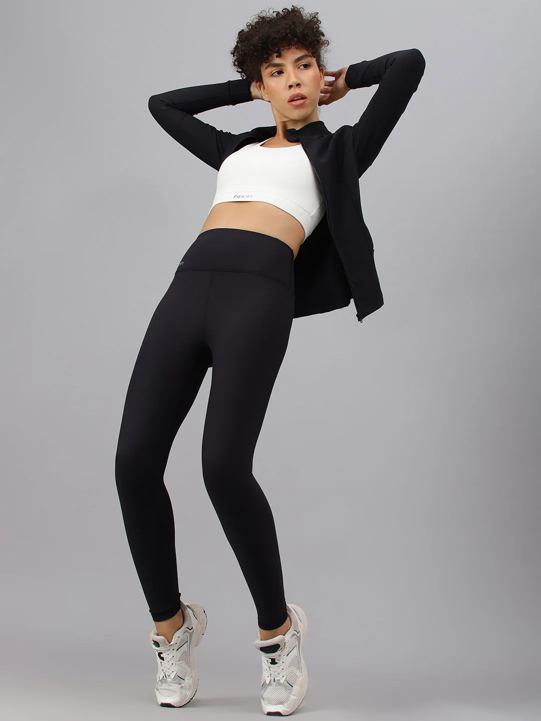 Fitkin Women's Black Rib High Waist Basic Core Tights