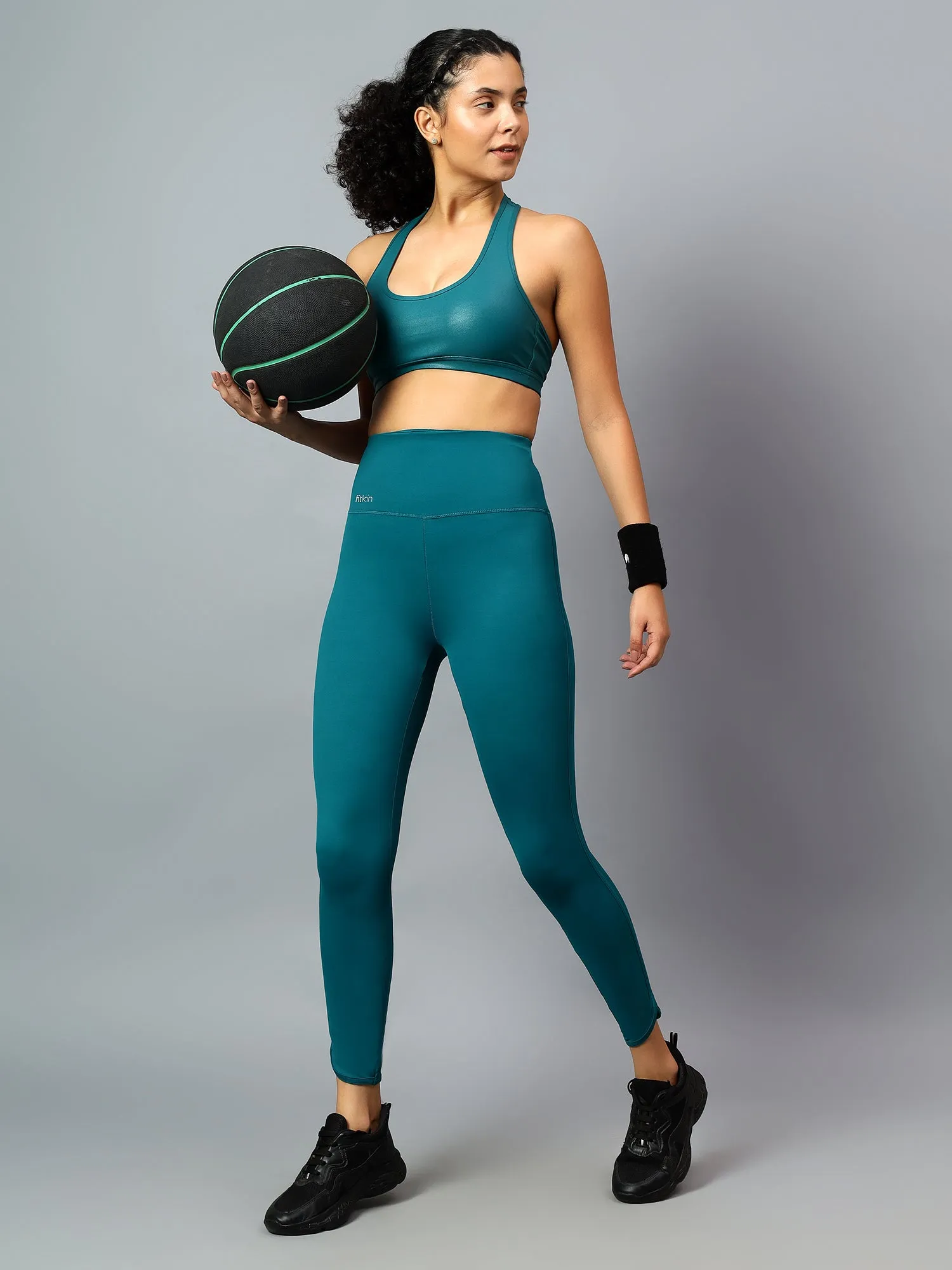 Fitkin Women's Teal Dolphin Curve Sculpt Tights