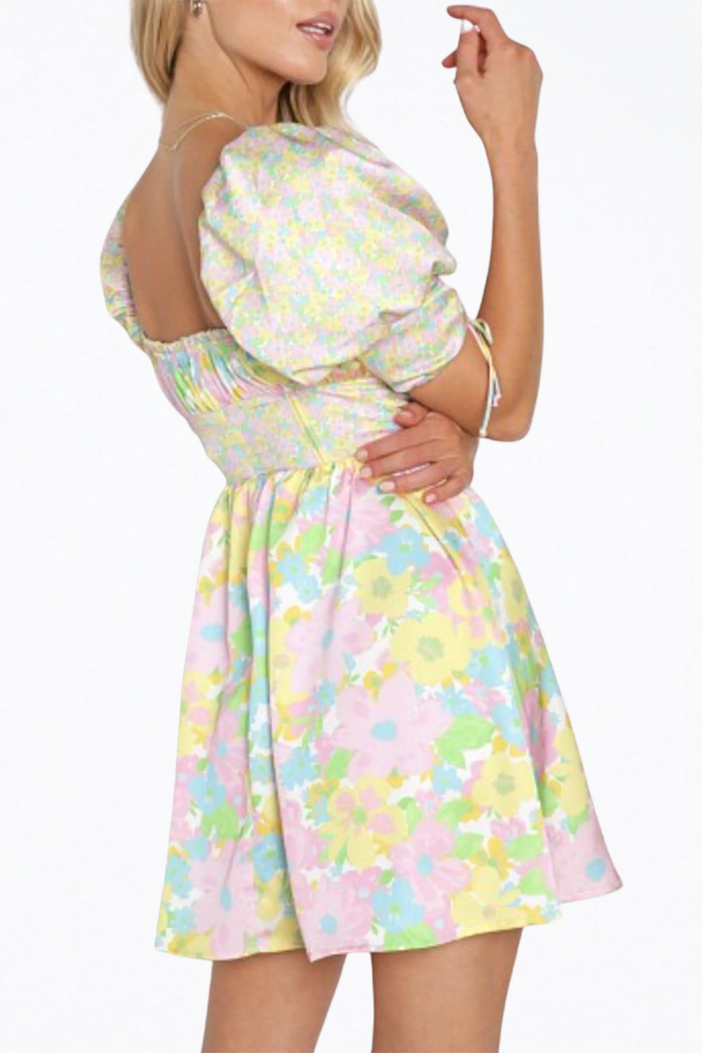 FLORAL-PRINT CORSET-EFFECT SATIN MINI DRESS
