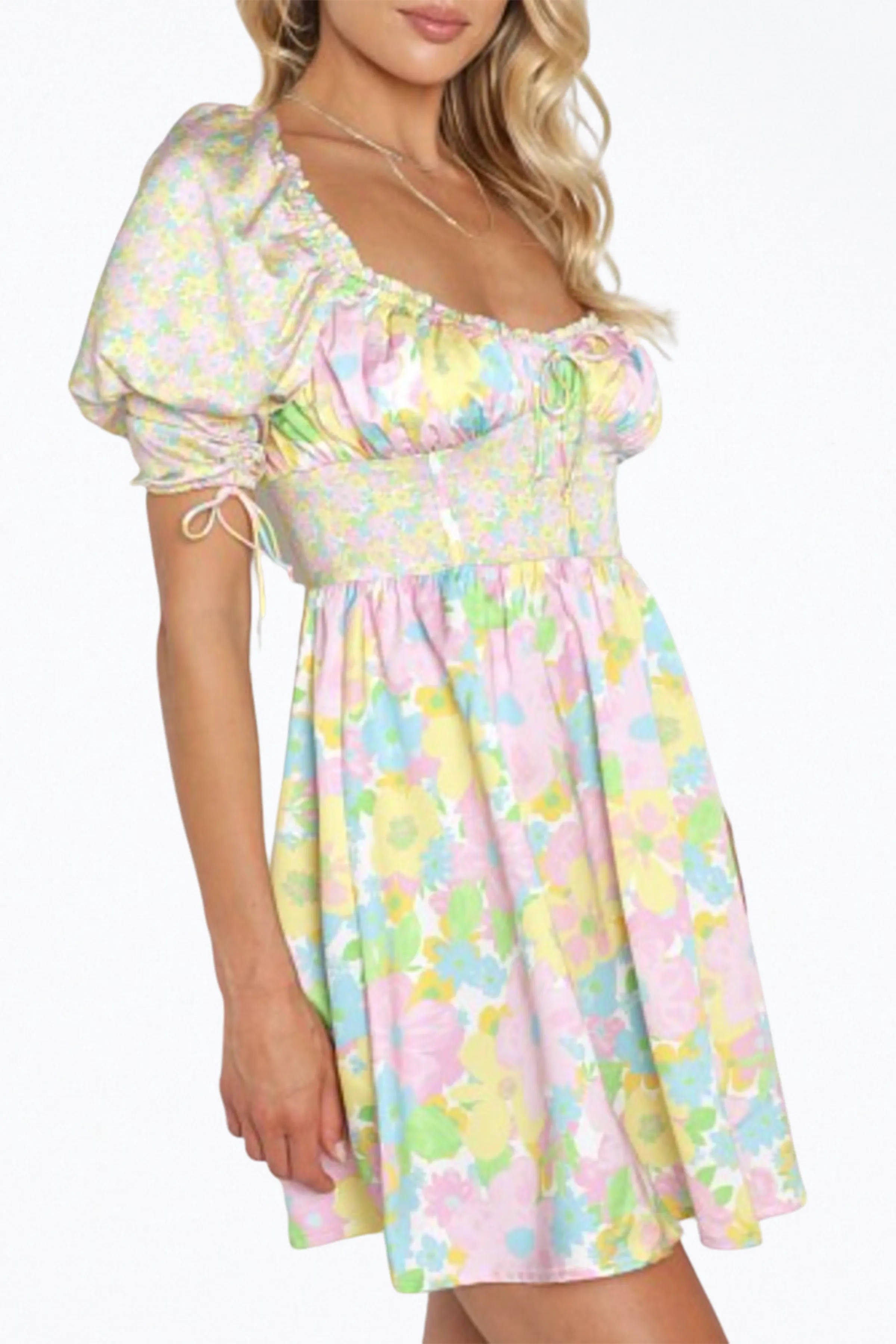 FLORAL-PRINT CORSET-EFFECT SATIN MINI DRESS