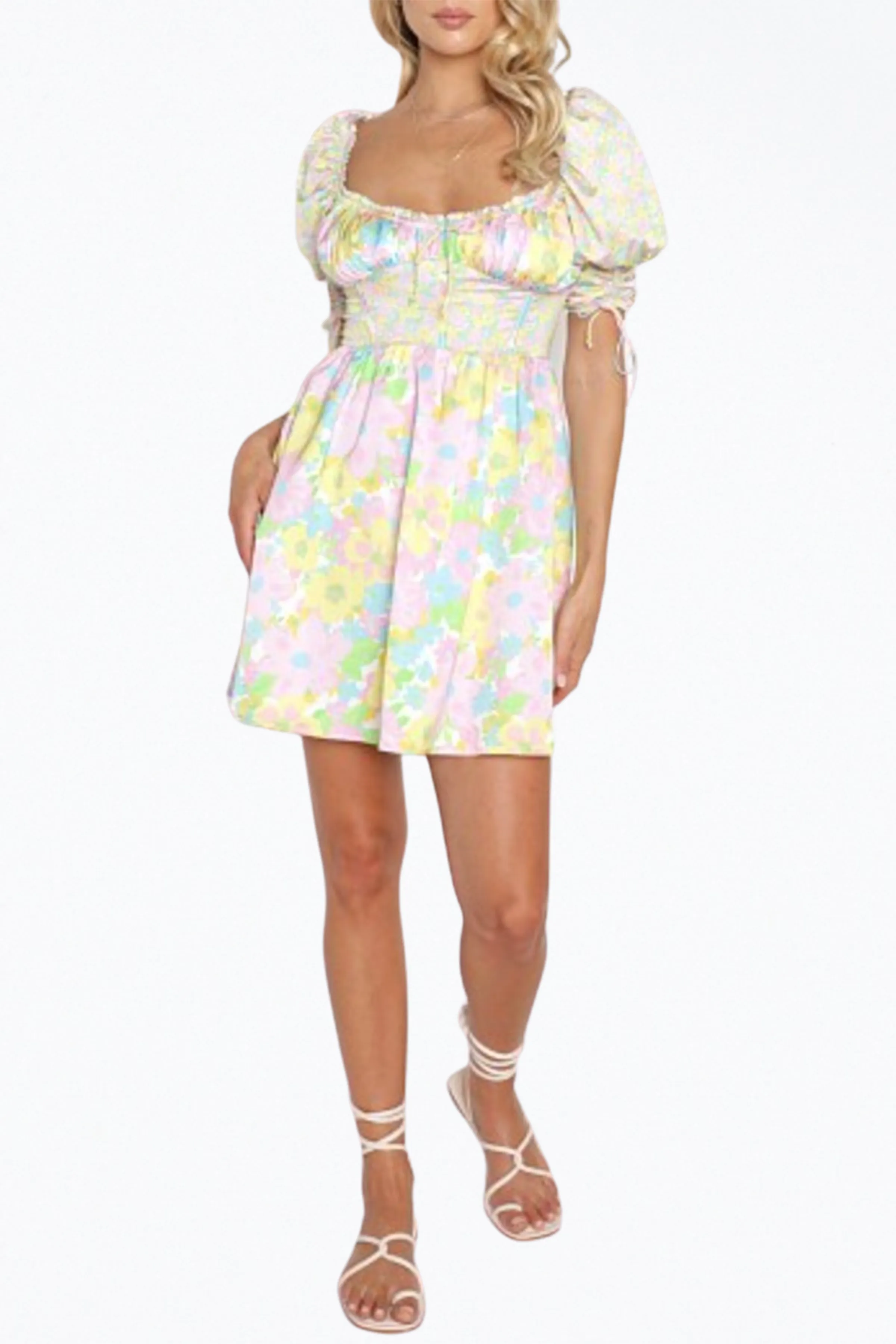 FLORAL-PRINT CORSET-EFFECT SATIN MINI DRESS