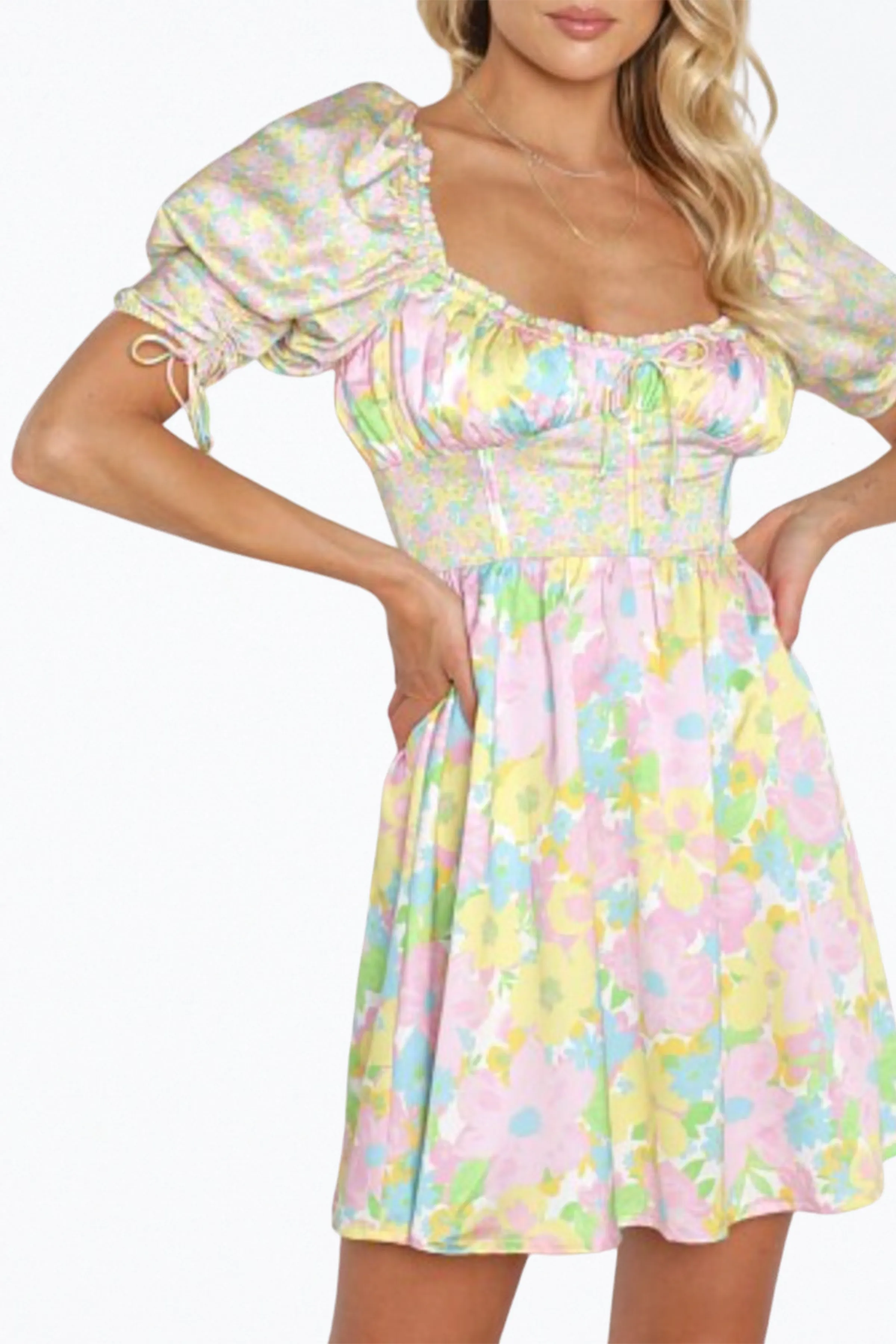 FLORAL-PRINT CORSET-EFFECT SATIN MINI DRESS